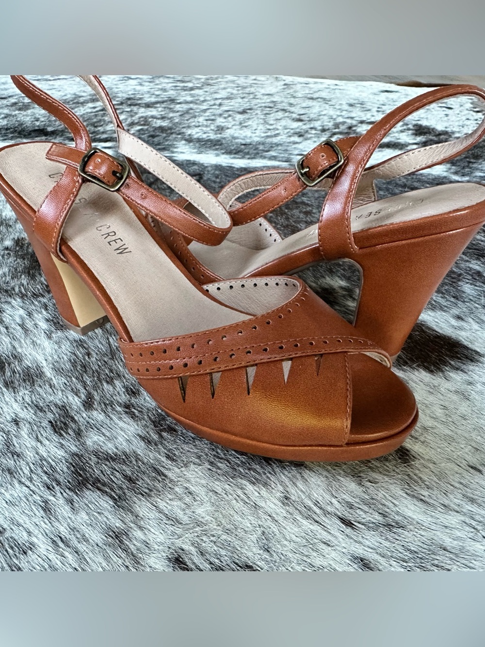 chelsea crew Cognac Brown Leather Peep-Toe Platform Sandals